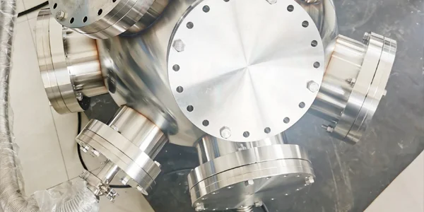 Stainless-steel multi-port vacuum chamber prepared for inspection
