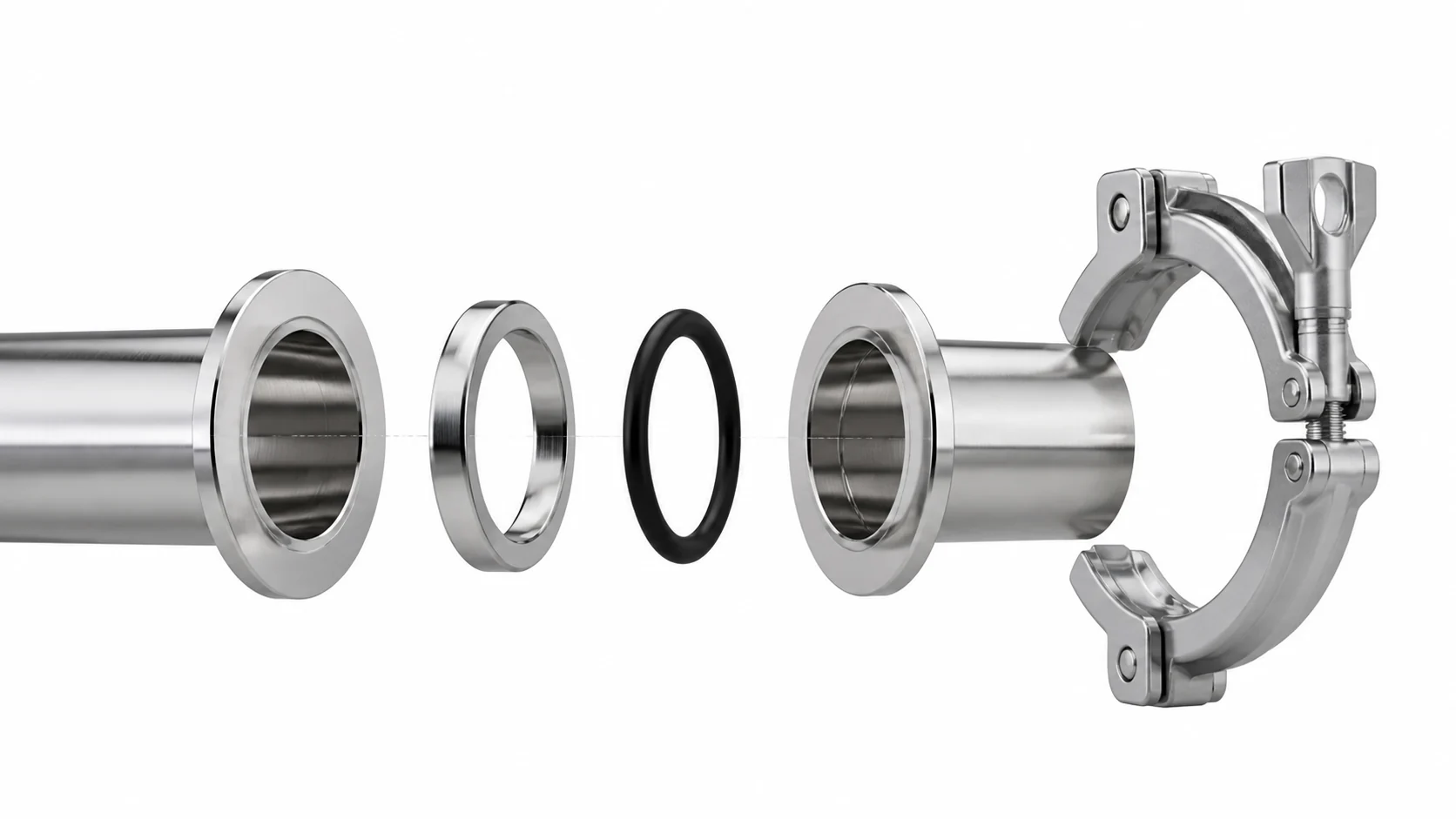 Concept illustration of two KF vacuum flanges, centering ring, O-ring and clamp