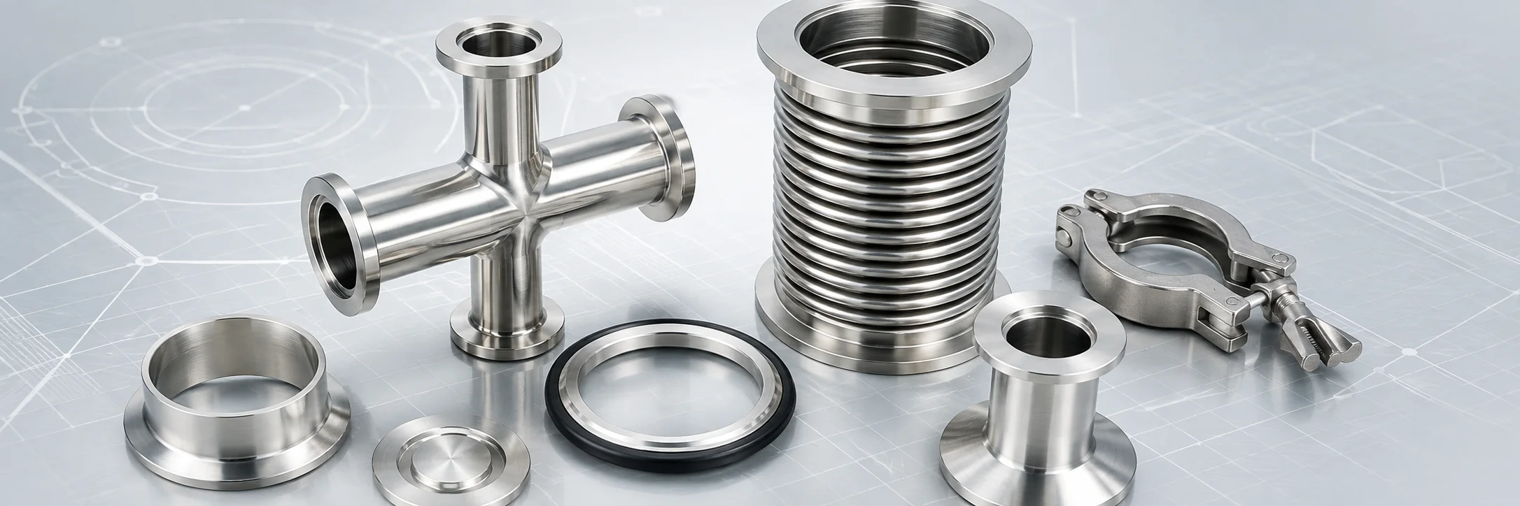 Stainless-steel KF vacuum flanges, fittings, bellows, centering ring and clamp on an engineering drawing background