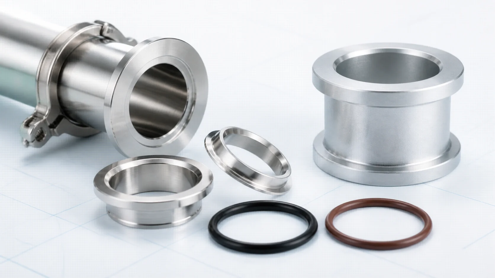 Concept selection visual with stainless-steel and aluminum KF components, black NBR-style O-ring and brown FKM-style O-ring