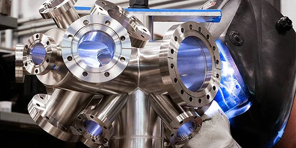 Operator welding a polished stainless-steel vacuum fitting