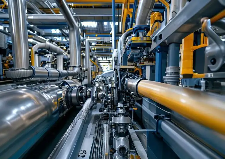 Industrial vacuum system installation in manufacturing plant with KF flanges, valves, and tubing connections