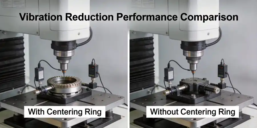 Comparative vibration analysis graph showing performance improvement with centering rings in vacuum transfer system